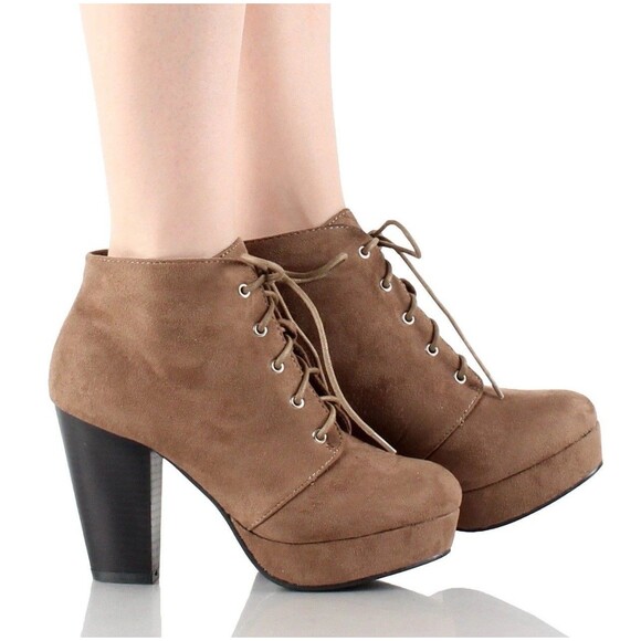 Forever Camille-86 Chunky Heel Platform Lace Up Ankle Booties Taupe SZ 8.5 NWOB - Picture 6 of 13